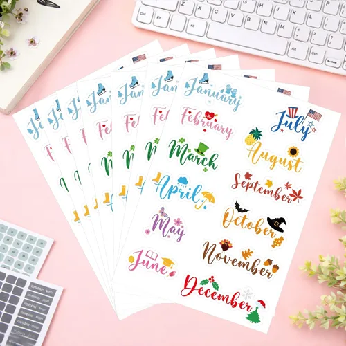 Miniatura 5 de Epakh 12 hojas de calcomanías para planificador mensual, calcomanías de diario con pinzas para codo, calcomanías creativas para calendarios