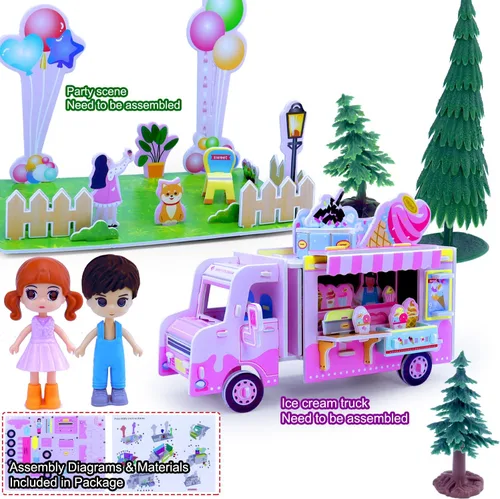 Miniatura 4 de Juegos de trenes clásicos rosados para niños pequeños, juguetes musicales de tren eléctrico con camión de helado de bricolaje, rompecabezas
