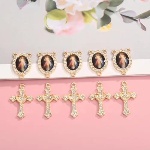 Miniatura 4 de Juego de 20 piezas de conectores de medalla de santos católicos con diamantes de imitación y dijes de cruz de cristal para suministros religiosos