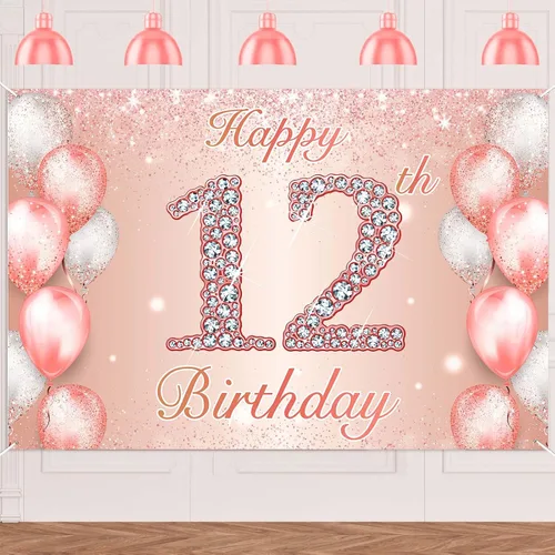 Cartel de oro rosa con texto en inglés "Happy 12th Birthday" con texto en inglés "Cheers to 12 Years Year" - Globos de confeti, decoración temática