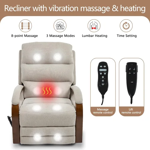 Miniatura 4 de Silla reclinable eléctrica para personas mayores, silla elevadora de doble motor con masaje por vibración y calor, reclinable plano con reposabrazos