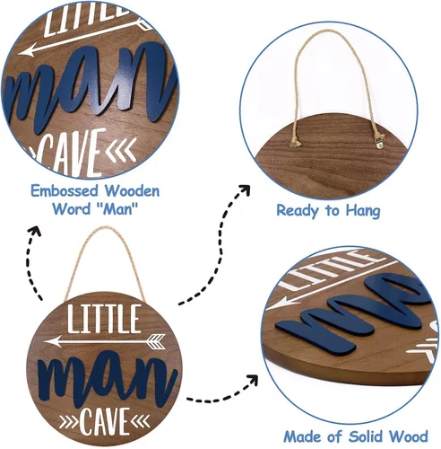 Miniatura 5 de Letrero redondo de madera con diseño de cueva de Little Man para puerta de niño pequeño, cuarto de bebé, arte de pared, madera natural, dormitorio