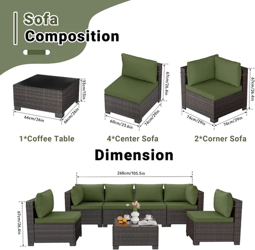 Miniatura 2 de LEVELEVE Juego de muebles de patio al aire libre, sofá seccional de conversación de ratán de tejido manual con mesa de centro de vidrio templado