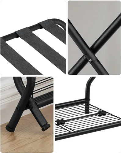 Miniatura 9 de Portaequipajes, soporte plegable para maleta con estante de almacenamiento, soporte de equipaje de metal para habitación de invitados, dormitorio