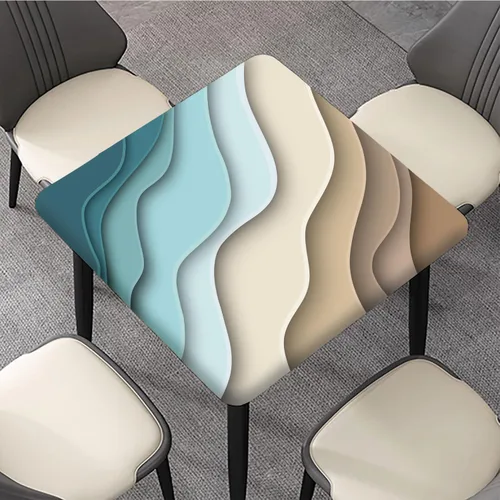 Miniatura 3 de Mantel cuadrado geométrico, ajustable, color turquesa, verde azulado degradado, con borde elástico, resistente a derrames y manchas, para mantel
