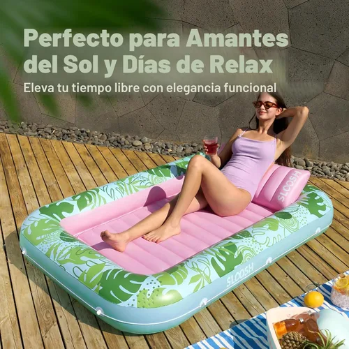 Miniatura 8 de Flotador inflable para piscina de bronceado Sloosh, 70" x 46" flotadores de piscina para adultos con almohada, balsa de tina de bronceado de 4 en 1