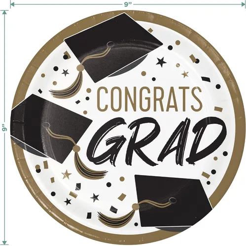 Miniatura 3 de Platos llanos y servilletas de papel dorado para fiestas de graduación, color negro, blanco y dorado (16 platos y servilletas)