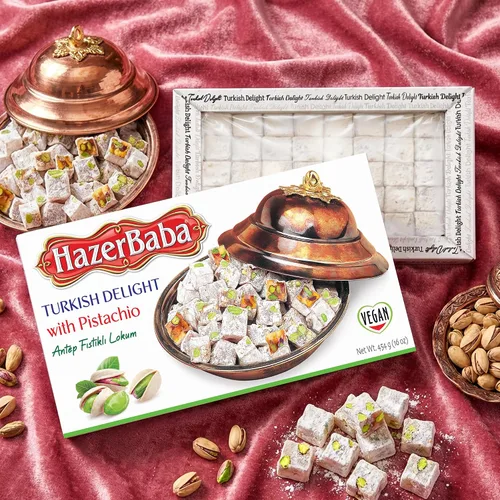 Miniatura 8 de Hazer Baba Delicias Turcas con Pistacho, Caja de bocadillos gourmet, Tradicional, Bocadillo vegano, Lokum turco, Dulces únicos, Loukumi, Delicias