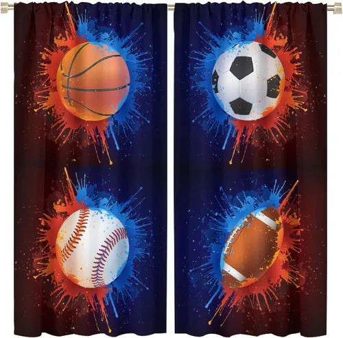 Miniatura 25 de Cortinas deportivas de baloncesto para niños, patrón de llama de bola 3D naranja, 42 pulgadas de ancho x 45 pulgadas de largo