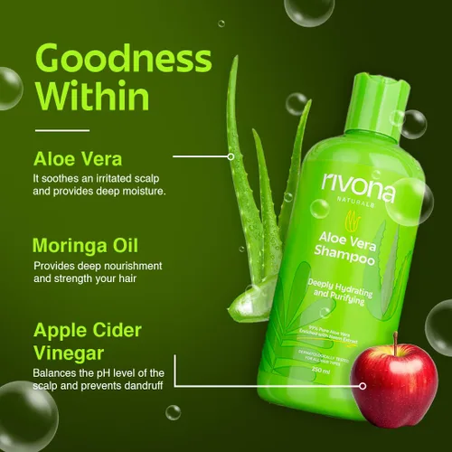 Miniatura 2 de RIVONA NATURALS Champú hidratante de aloe vera 99% puro con neem para cabello dañado, seco y encrespado, orgánico, natural, vegano, sin sulfato