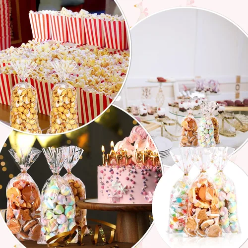 Miniatura 6 de Yexiya 100 bolsas de dulces de ganso de celofán transparentes con lazos de cinta, bolsa de plástico impresa de ganso blanco para aperitivos