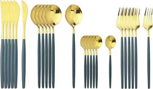 Miniatura 8 de Juego de cubiertos dorados con mango blanco, 24 piezas de acero inoxidable brillante, cubiertos para 6, aptos para lavavajillas Mango blanco dorado