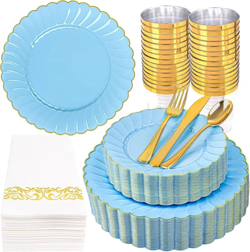 YOUBET 175 PCS Platos de Plástico Festoneados Azules - Juego de Vajilla Desechable Azul Claro Incluye 50 Platos, 75 Cubiertos Dorados, 25 Vasos, 25