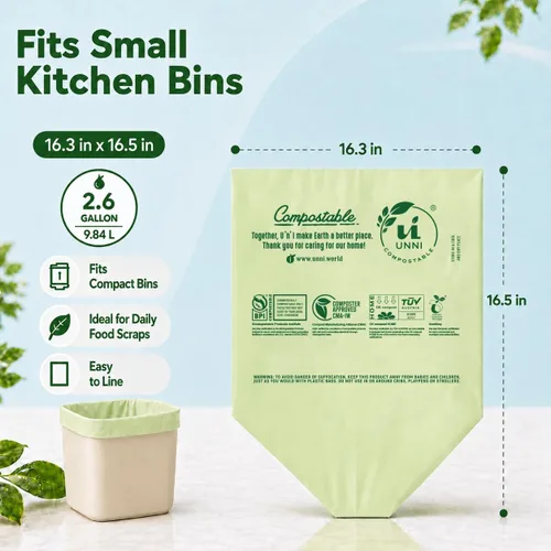 Miniatura 3 de Bolsas de basura compostables UNNI, 2.6 galones / 9.84 litros, 100 unidades, extra gruesas de 0.71 mil, forros para contenedores pequeños de restos