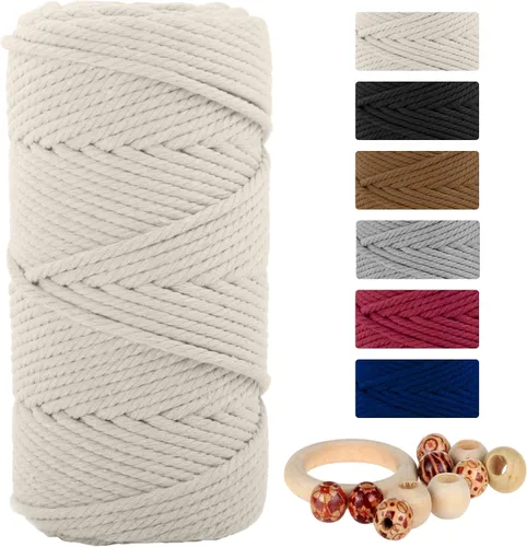 Miniatura 32 de Cordón de algodón macramé 5mmx109 yardas 4 hebras, Munzong Natural hecho a mano 4 cuerdas de algodón trenzadas para colgar en la pared, tejido