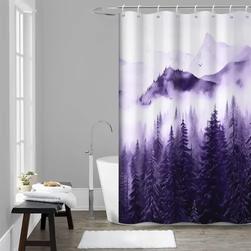 Miniatura 30 de Cortina de ducha pequeña en blanco y negro, juego de cortina de ducha de bosque brumoso para baño, impermeable, decoración de baño de montaña