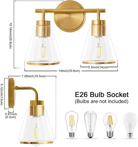 Miniatura 7 de Accesorios de iluminación de baño sobre espejo Luces de tocador doradas de 2 luces con pantalla de vidrio transparente de 14 pulgadas Luces