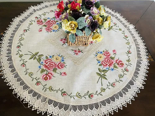 Miniatura 4 de AMT Gorgeous Venice - Manteles de lino bordados con punto de cruz y encaje floral de Venecia: blanco (blanco, 12x18 Ob.)