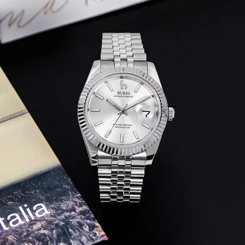 Miniatura 4 de BUREI - Reloj automático de lujo para hombre con lente de zafiro, calendario y correa de acero inoxidable