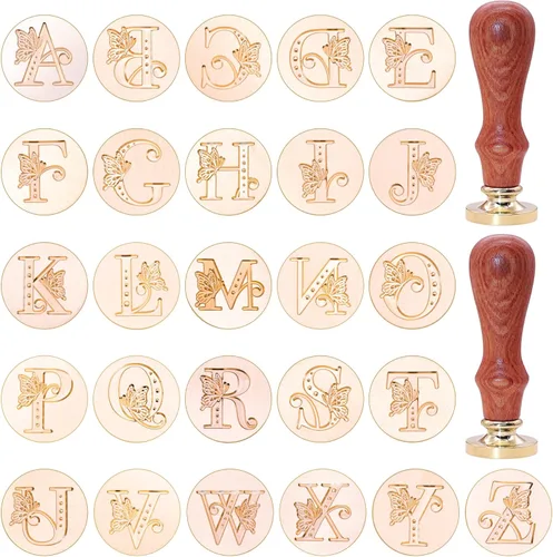 Miniatura 3 de SWANGSA Kit de sellos de cera del alfabeto, diseño de mariposa vintage, 26 letras A-Z con 2 asas de madera, kit de regalo para invitación de boda