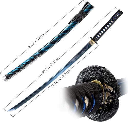 Miniatura 2 de OYZ Espada katana azul japonesa auténtica, espada completa, práctica, funcional, acero de alto carbono 1060, Hademade templada por calor, forjada a