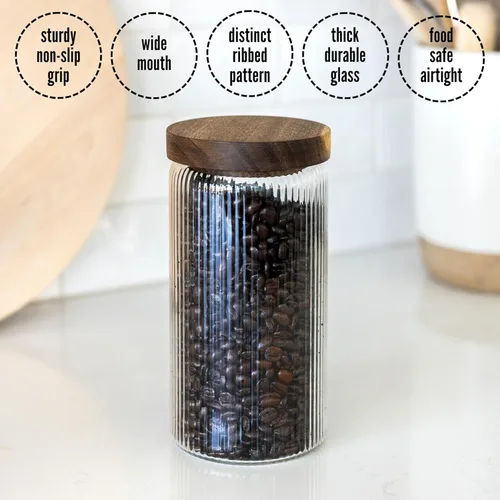 Miniatura 2 de Mason & Fable Tarro de vidrio acanalado, apilable y hermético, tapa de madera, recipiente de almacenamiento para galletas, golosinas, té o azúcar