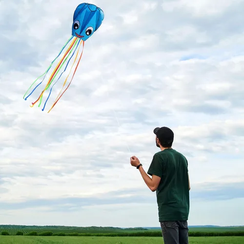 Miniatura 4 de Paquete de 2 cometas de pulpo grandes sonrientes mejoradas, fáciles de volar, cometas largas y coloridas para niños y adultos, actividades al aire