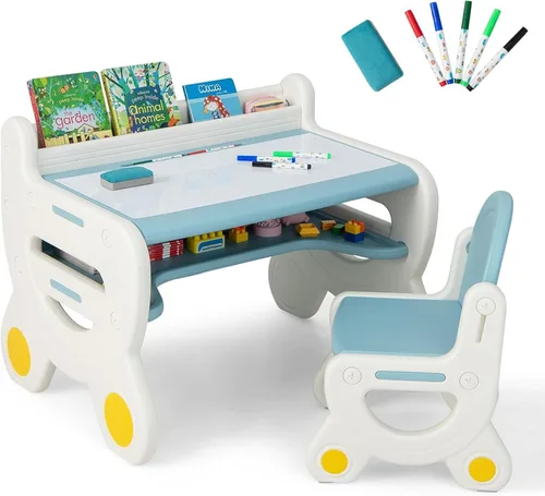 Costzon - Juego de mesa y silla para bebé, escritorio de actividades de plástico con pizarra, bolígrafos de acuarela, borrador de pizarra y estante