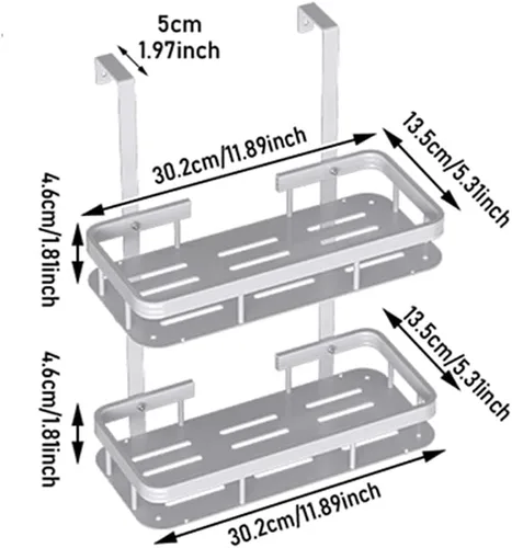 Miniatura 6 de Organizador de ducha blanco para colocar sobre la puerta, organizador de baño a prueba de óxido, estante de almacenamiento de 2 niveles, estantes