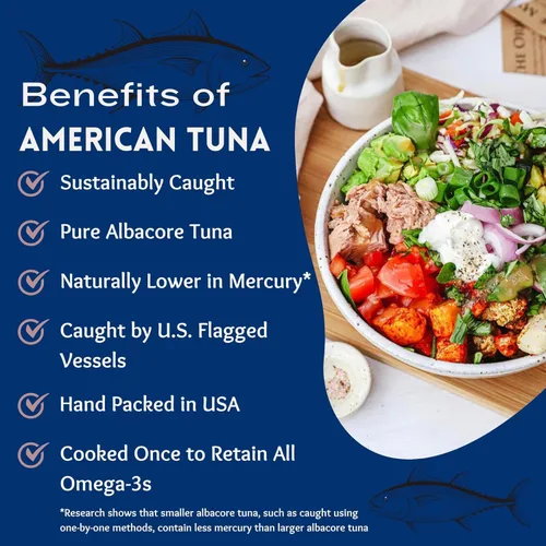 Miniatura 4 de American Tuna Pescado de atún blanco silvestre capturado en poste de grado sushi, sin sal añadida, (12) latas de 3.5 onzas Cosechado