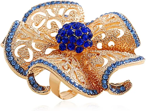 Anillo de promesa vintage de flor de camelia para mujeres y niñas, chapado en oro, circonita cúbica azul, anillo de banda con forma de hoja
