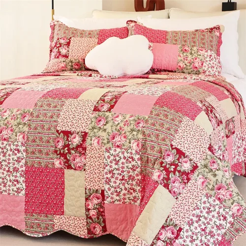 Miniatura 15 de Cmfshape - Juego de edredón de verano floral King acolchado, juego de edredón rosa romántico King, juego de ropa de cama reversible cosido para Rosa