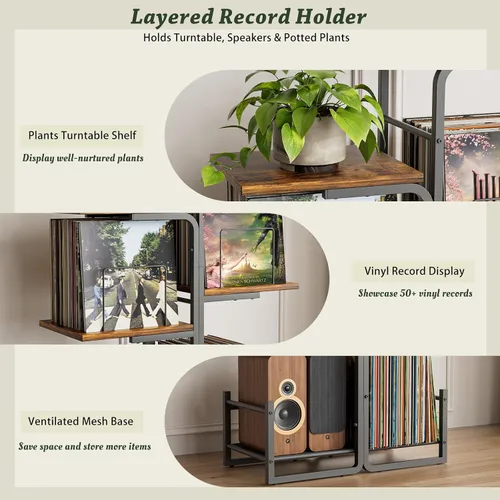 Miniatura 6 de Bikoney - Soporte para tocadiscos inspirado en jardineras con gran almacenamiento de vinilo, mesa de tocadiscos vintage con estante para LP