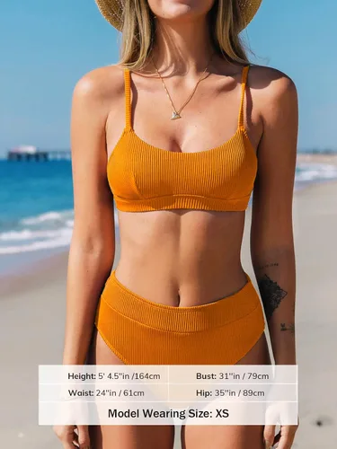 Miniatura 10 de CUPSHE Conjunto de bikini de dos piezas para mujer, traje de baño de cintura alta con cuello redondo