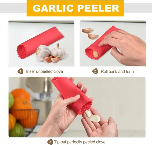 Miniatura 7 de uxcell 2 tubos de pelado de ajo, pelador de ajo de silicona, rodillo removedor de piel antideslizante para herramientas útiles de cocina, color negro