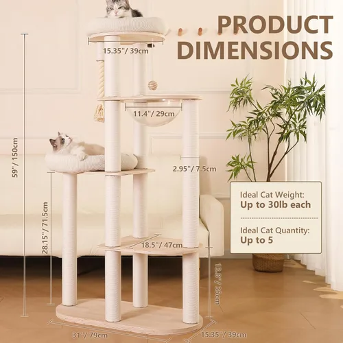Miniatura 2 de Árbol moderno para gatos de 59 pulgadas, torre grande de varios niveles, árbol de madera resistente para gatos con hamaca, poste rascador de algodón