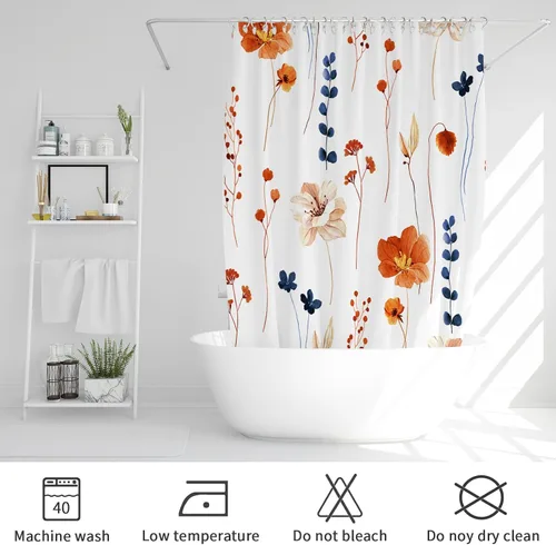 Miniatura 6 de Gibelle Cortina de ducha con estampado floral de acuarela, cortina de ducha retro naranja azul marino para baño, juego de cortina de ducha moderna