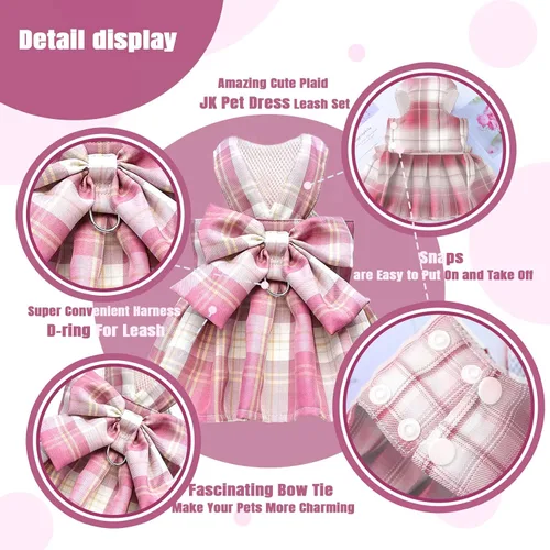 Miniatura 7 de PETCARE Vestido de perro a cuadros con pajarita y arnés para perros pequeños, gatos, niñas, lindos vestidos de princesa para perro, primavera, Rosa