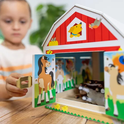 Miniatura 7 de Melissa & Doug – Juego sensorial de cierres para granero, juguete de puertas y cerraduras, animales de granja, para niños mayores de 3 años
