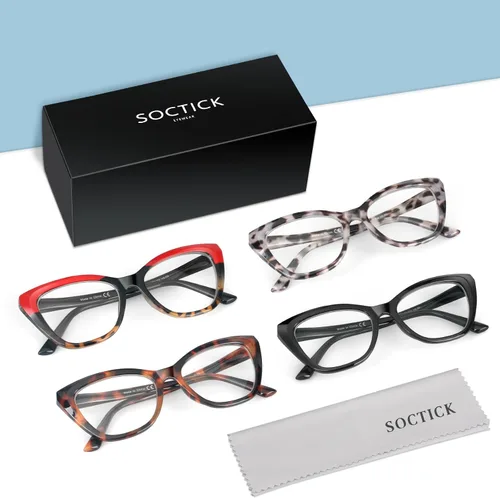 Miniatura 7 de Lentes de lectura elegantes para mujer, paquete de 4 unidades, de gran tamaño, bloquean la luz azul, con combinaciones de colores de moda (C1 x 0.00)