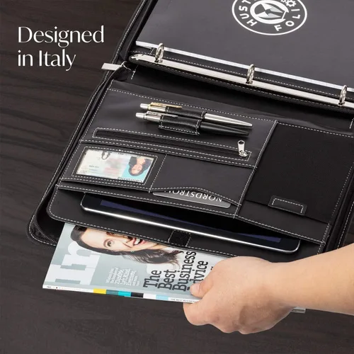 Miniatura 4 de Cartera profesional de cuero Carpeta con cremallera para entrevistas de negocios Organizador de 3 anillos para tabletas de hasta 13 pulgadas