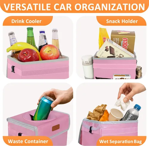 Miniatura 6 de Vankor - Cubo de basura para coche rosa, lindo, accesorios de coche rosa para mujeres, botes de basura automotrices impermeables, cubo de basura