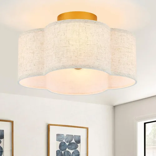 Miniatura 9 de VILUXY Luces de techo semiempotradas doradas, lámpara de techo moderna de 4 luces con pantalla de tela plisada blanca en pantalla de flores, lámpara