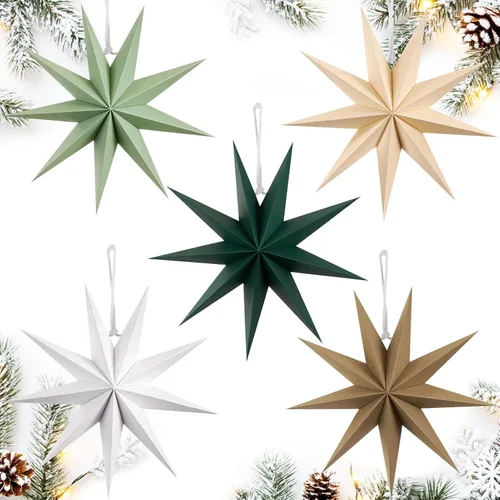 Miniatura 8 de SUNBEAUTY 5 linternas de papel natural de 9 puntas de 12 pulgadas, lámpara colgante de Navidad rústica, decoración de papel, boda, cumpleaños