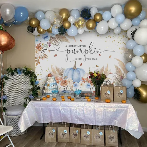Miniatura 4 de Mocsicka Telón de fondo de calabaza para niñas y niños, decoración de fiesta de baby shower, estilo bohemio, rubor floral, A Little Pumpkin is On