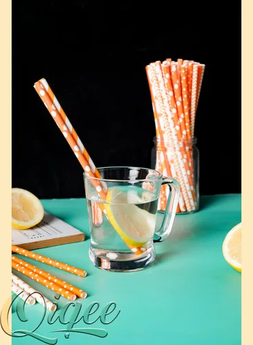 Miniatura 6 de qiqee Pajitas desechables de color naranja dorado para beber, 150 popotes desechables a granel (10 patrones)