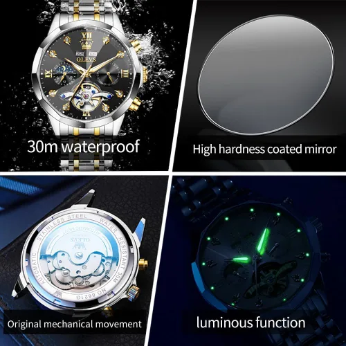Miniatura 14 de OLEVS Reloj de pulsera automático con diseño de esqueleto para hombre, de lujo, con diamantes de lujo, de acero inoxidable, calendario, reloj