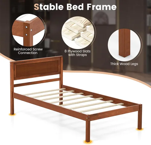 Miniatura 6 de KOMFOTT Marco de Cama de Madera Tamaño Twin con Cabecero, Marco de Cama de Madera Maciza con Soporte de Listones, Almacenamiento Debajo de la Cama