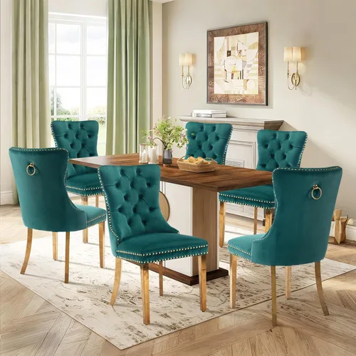 Miniatura 63 de Juego de 2 sillas de comedor de terciopelo tapizadas con ribete de cabeza de clavo y patas doradas chapadas en acero inoxidable para cocina