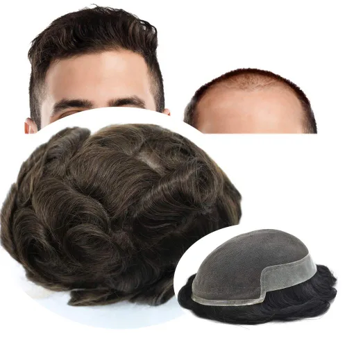 Miniatura 202 de Sistema de repuesto de cabello humano europeo con encaje frontal suizo para hombre, tupé para hombre, pieza de cabello, nudo blanqueado, línea #17